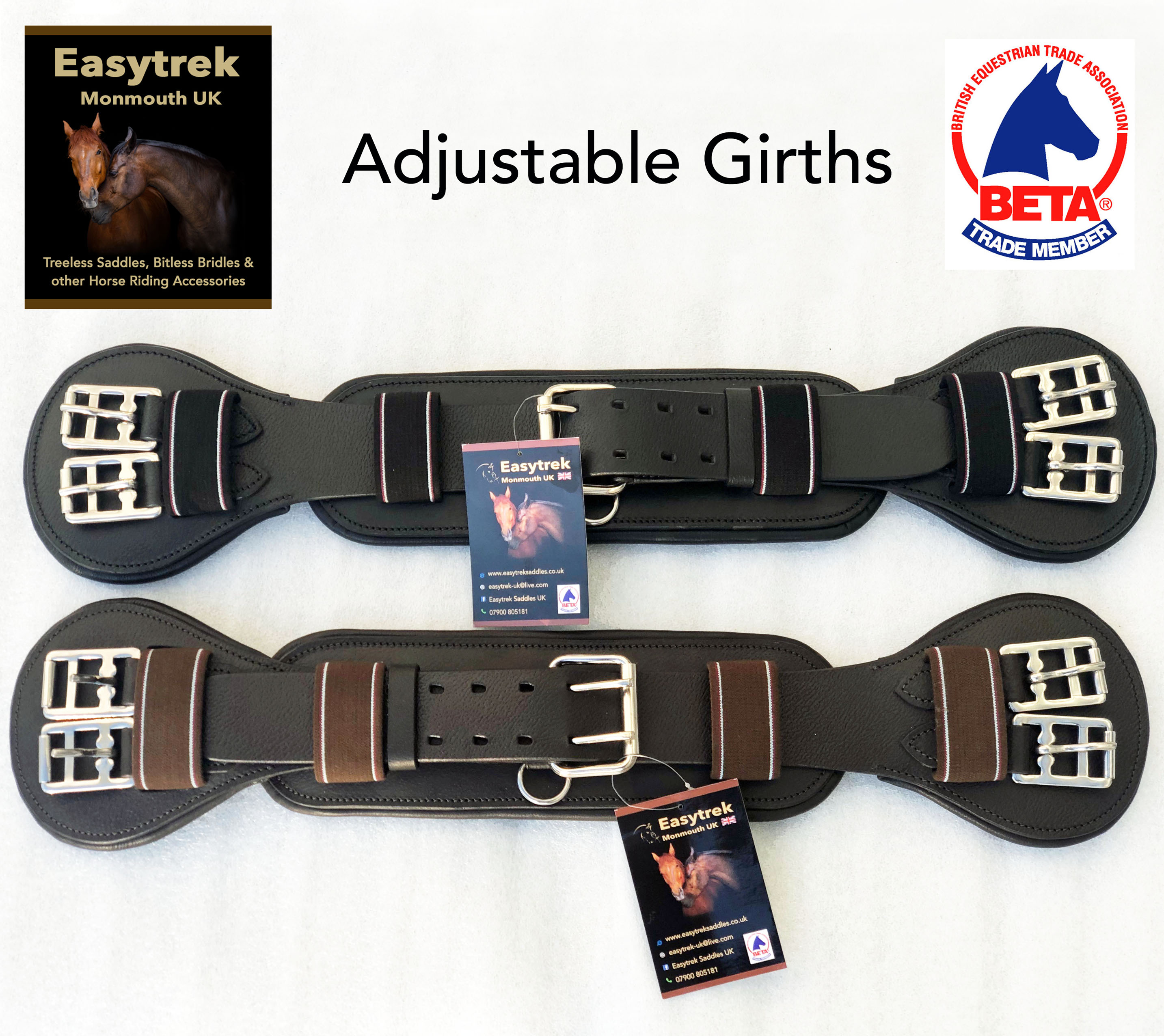 Easytrek leather adjustable short treeless/dressage girth - Black or Brown