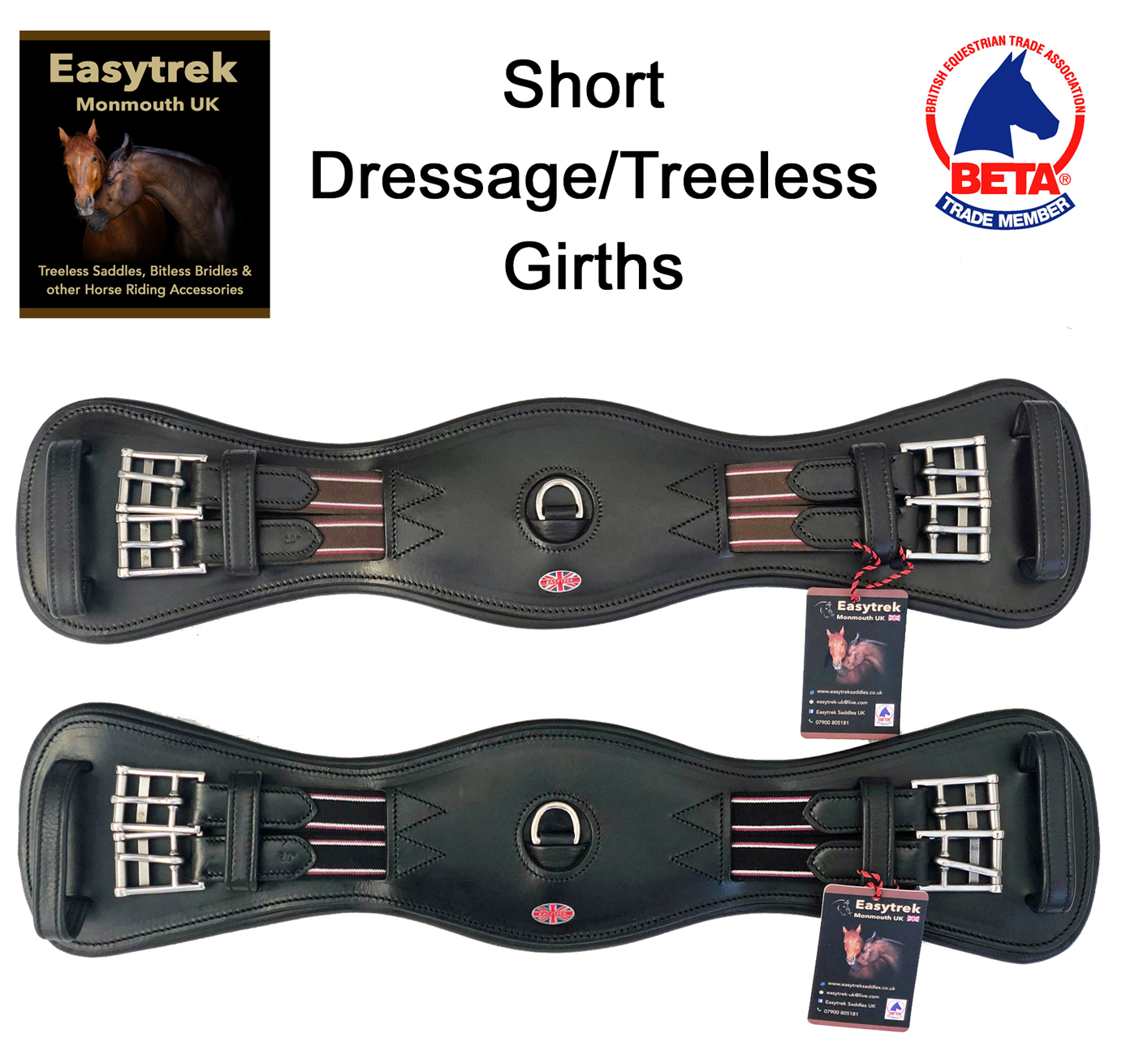 Easy Trek anatomical dressage short girth soft black leather elasticated - Black